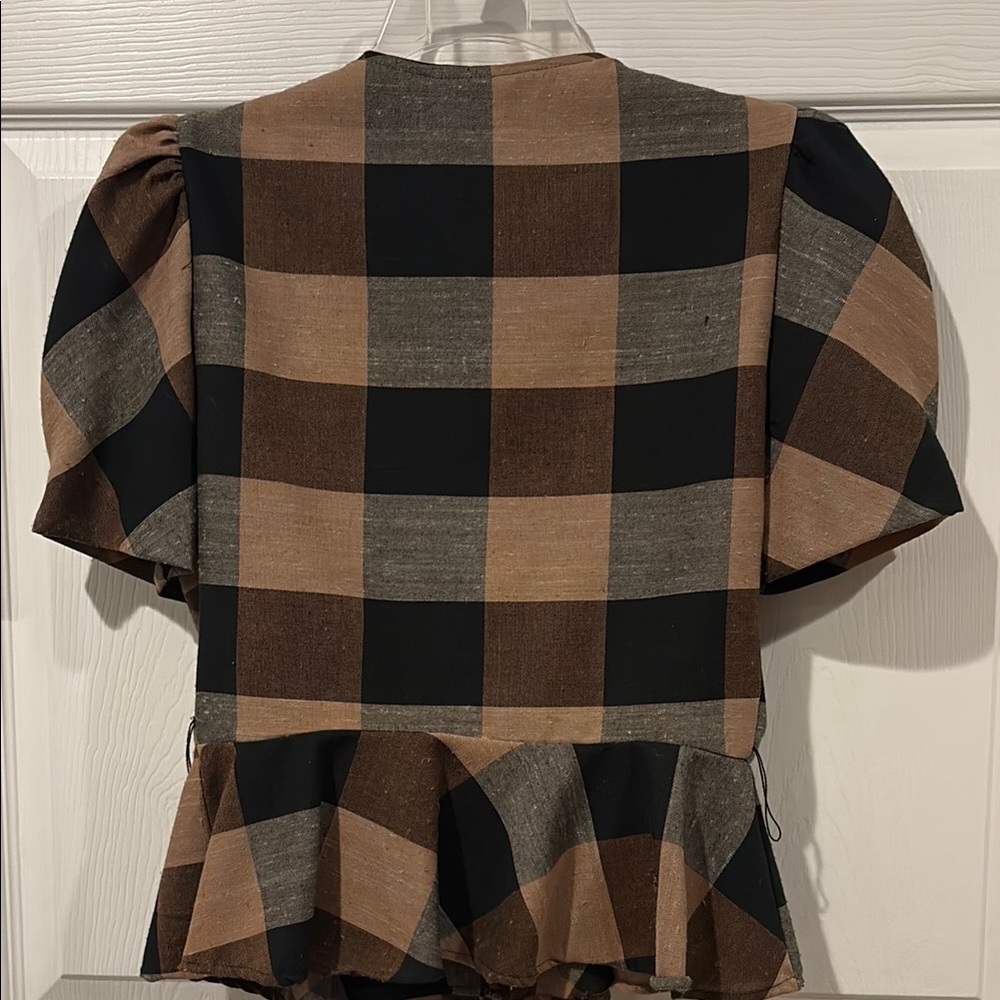 Vintage Plaid Short-Sleeve Puff Shoulder Peplum Top - Brown/Black - Picture 5 of 7